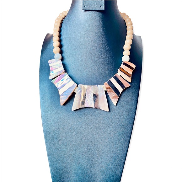 Vintage 1970’s/1980’s Abalone+Silver-tone Wood Beaded Statement Collar Necklace. - Picture 7 of 8